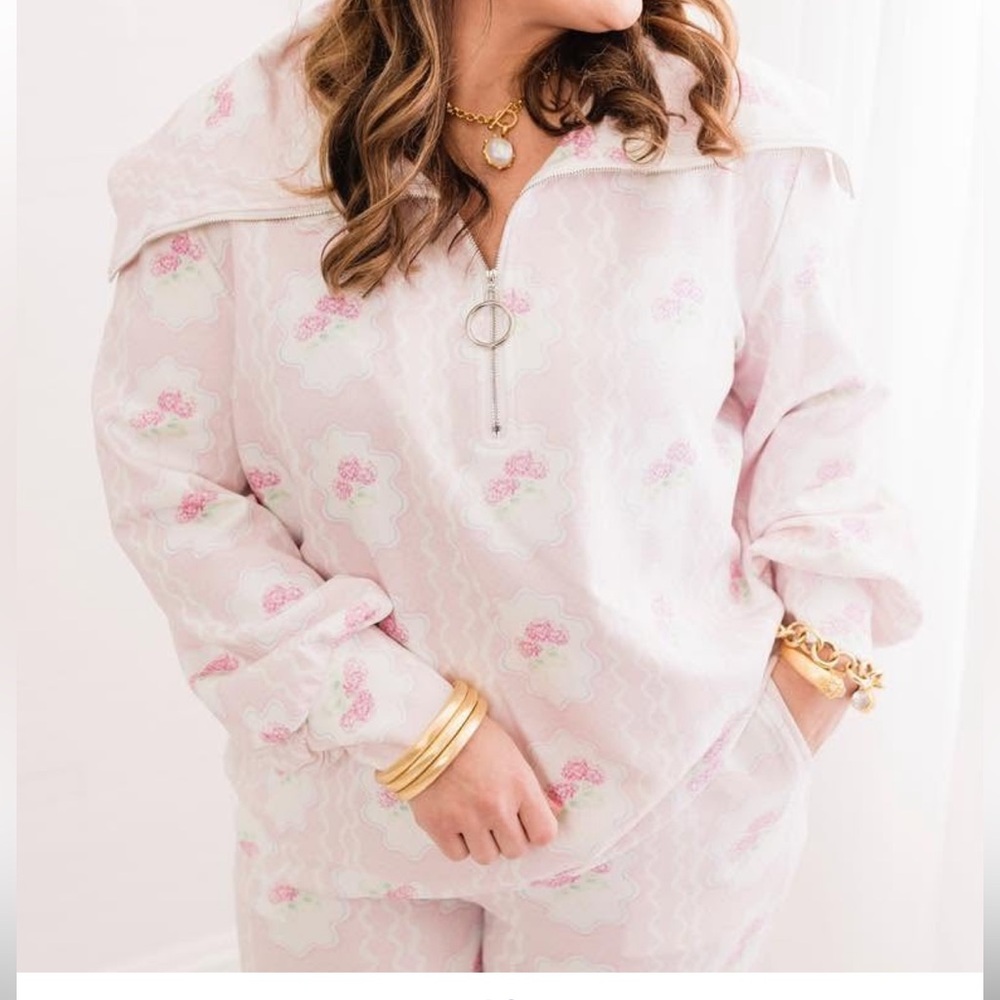 Pink Floral Quarter-Zip Pullover and pants set